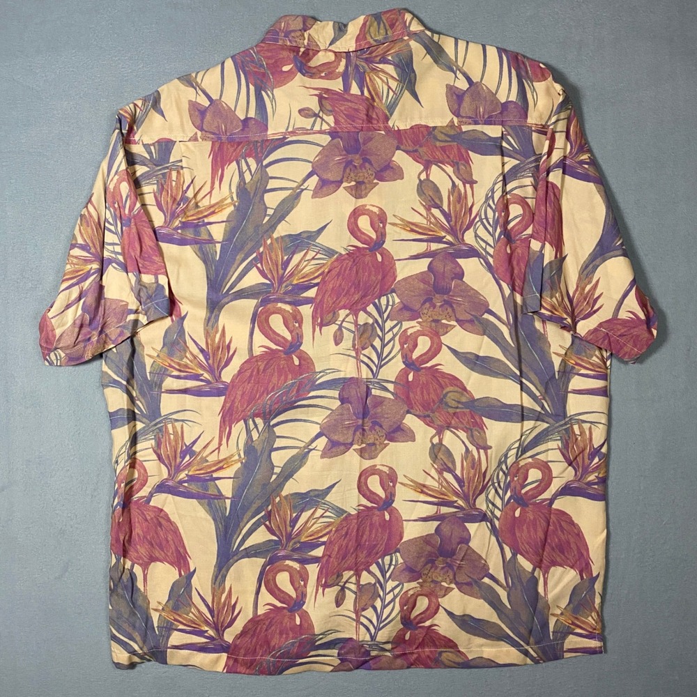 Super Massive Mens Large Flamingo Tropical Floral Rayon Button Up Shirt Tan Pink - Picture 7 of 7